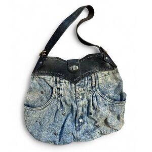Vintage 80s handmade leather, silver studded, acid wash blue jean shoulder bag
